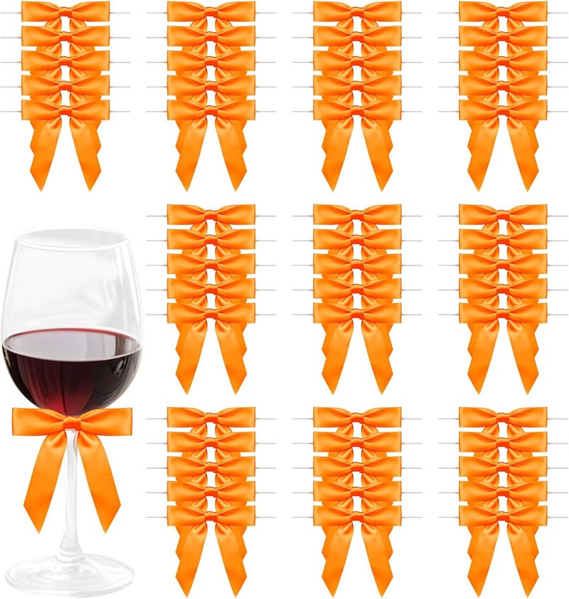 Sokfone Satin Ribbon Orange Bow Decor 2.5" Premade Orange Twist Tie Bows for Gift Wrapping Bow for Treat Bags Party Favors Wedding Decorations - 50 Counts - Image 1